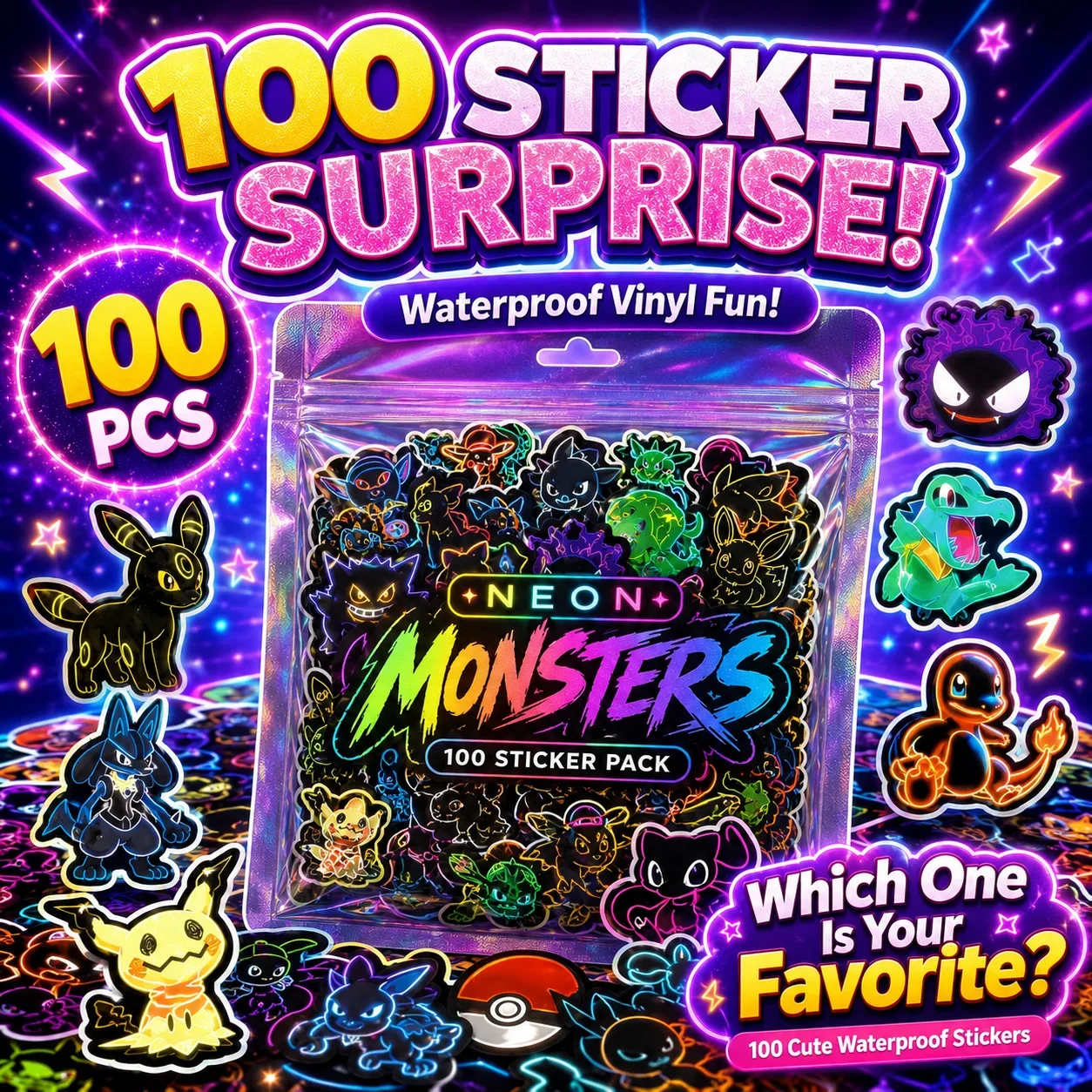 100pcs Neon  Pokémon  Stickers - огляд і ціна Handbags